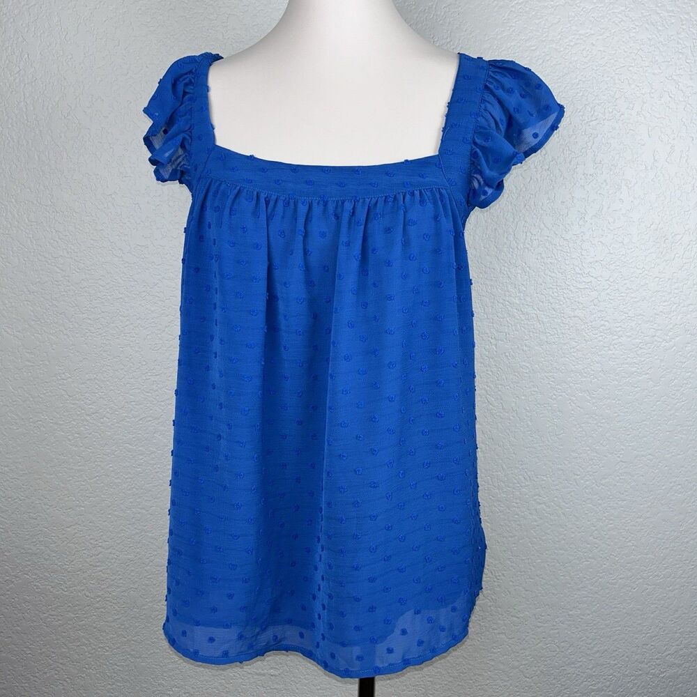 Kori Los Angeles Women's Square Neck Blue Top Puff Sleeve Swiss Dot Texture M